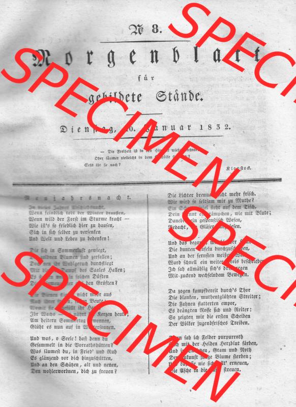 Morgenblatt 1832, Dienstag, 10 Januar, Nr. 8, Seite 29, Neujahresnacht. Das Digitale Bild / Foto der relativ wertvollen „Morgenblatt für gebildete... Sammlung