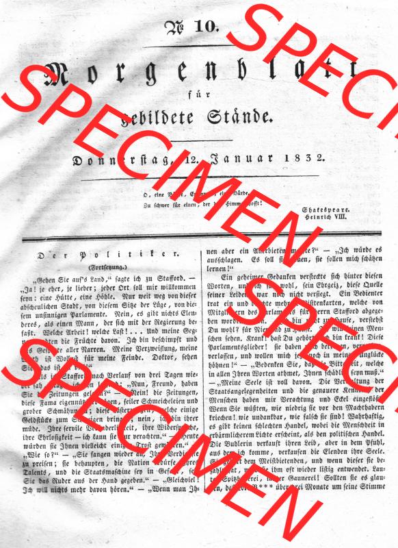 Morgenblatt 1832, Donnerstag, 12 Januar, Nr. 10, Seite 37, Der Politiker (Fortsetzung). Das Digitale Bild / Foto der relativ wertvollen „Morgenblatt... Sammlung