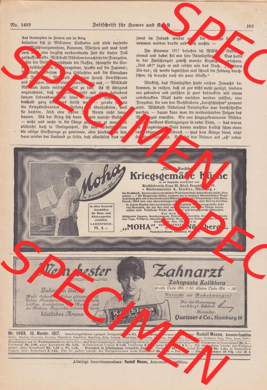 Meggendorfer-Blätter 1917, Nr. 1403, vom 15. November 1917 Seite 109, Mein bester Zahnarzt, Zahnpasta Kaliklora-Werbung. Das Digitale Bild / Foto der... Sammlung