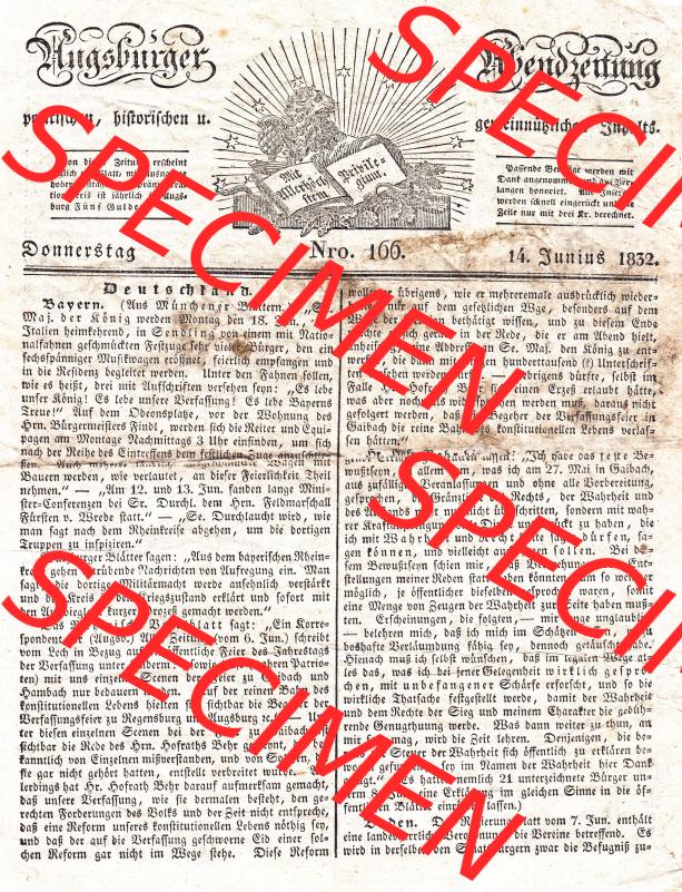 Augsburg 1832, 166, Donnerstag 14. Juni, Augsburger Abendzeitung Seite 657. Die Digitalen JPG-Bilder der digitalisierten Augsburger Zeitung können heruntergeladen werden. Sammlung