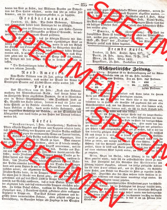 Augsburg 1838, Nr. 59, Mittwoch 28. Februar, Augsburger Abendzeitung Seite 235. Die Digitalen JPG-Bilder der digitalisierten Augsburger Zeitung 1838 können heruntergeladen... Sammlung