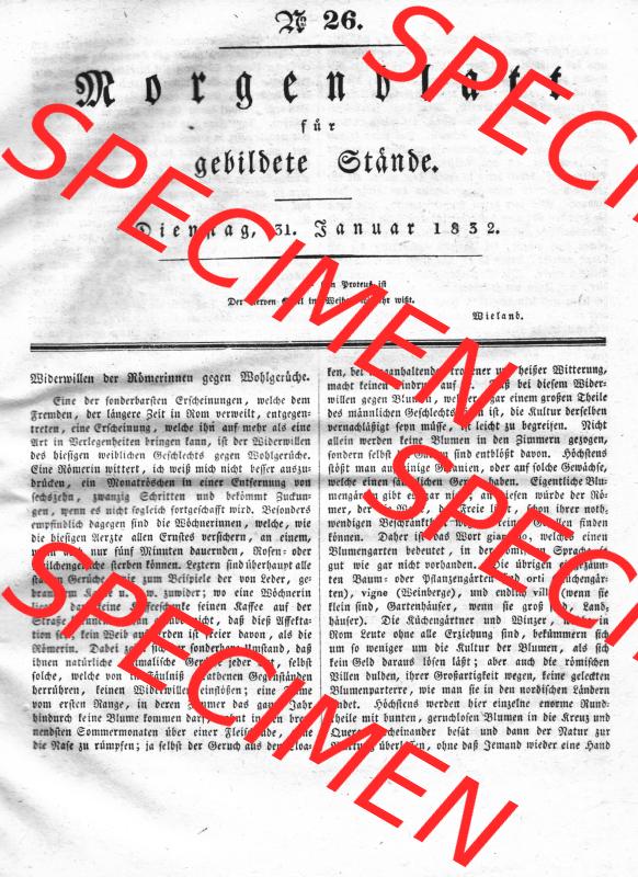 Morgenblatt 1832, Dienstag, 31. Januar, Nr. 26, Seite 101, Wiederwillen der Römerinnen gegen Wohlgerüche. Das Digitale Bild / Foto der relativ... Sammlung