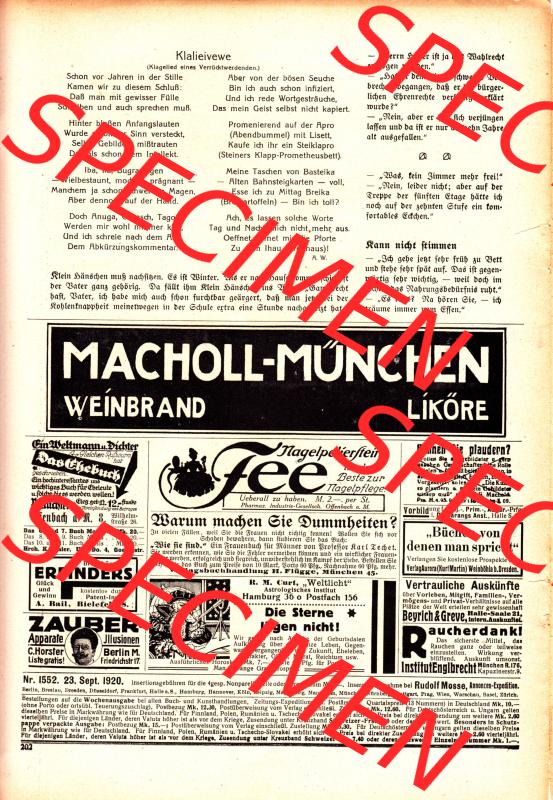 Meggendorfer-Blätter 1920, Nr. 1552, Seite 202, Klalieivewe und Macholl-München-Werbung. Die Digitalen JPG-Bilder der digitalisierten Zeitschrift „Meggendorfer-Blätter“... Sammlung