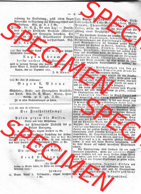 Morgenblatt 1832, Sonnabend 14 Januar, Nr. 2, Seite 6, Intelligenz-Blatt, Notiz für Deflamatoren. Das Digitale Bild / Foto der relativ wertvollen „Morgenblatt... Sammlung