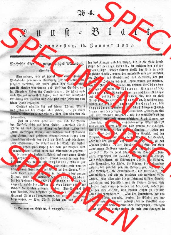 Morgenblatt 1832, Donnerstag 12 Januar, Nr. 4, Seite 13, Kunst-Blatt, Nachricht über ein neugriechisches Malerbuch, Fortsetzung. Das Digitale Bild... Sammlung