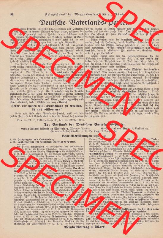 Meggendorfer-Blätter 1917, Nr. 1403, vom 15. November 1917 Seite 98, Deutsche Vaterlands-Partei. Das Digitale Bild / Foto der relativ wertvollen „Meggendorfer-Blätter“... Sammlung