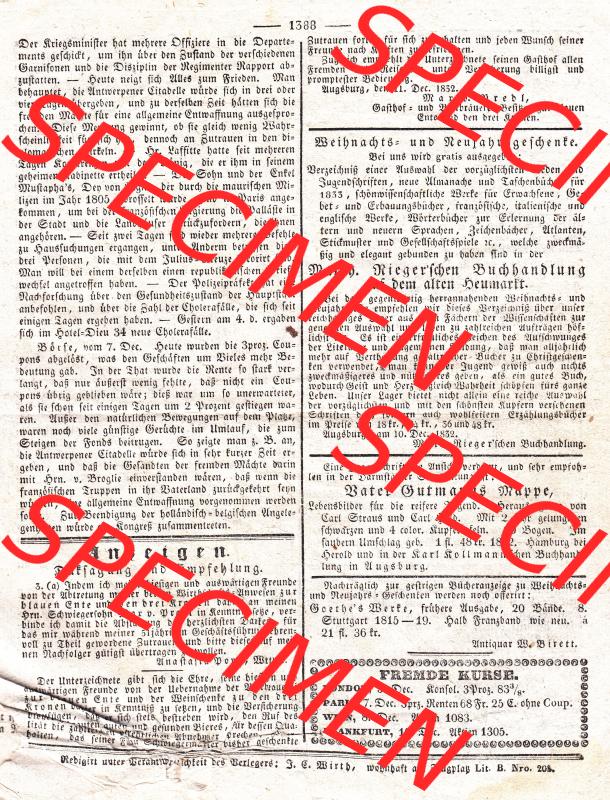 Augsburg 1832, 347, Mittwoch 12. Dezember, Augsburger Abendzeitung Seite 1388. Die Digitalen JPG-Bilder der digitalisierten Augsburger Zeitung können heruntergeladen... Sammlung