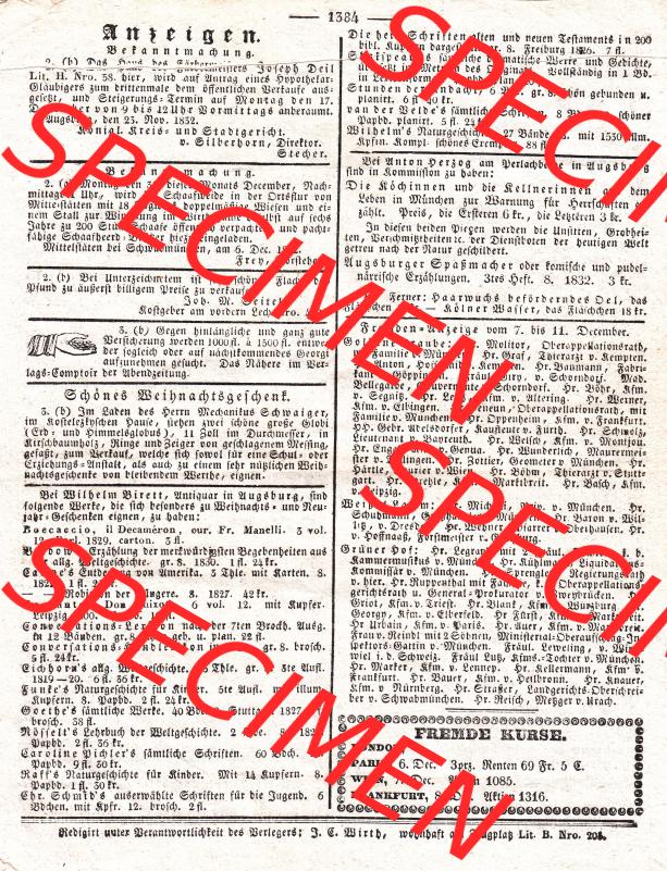 Augsburg 1832, Nro / Nr 346, Dienstag 11 Dezember, Augsburger Abendzeitung Seite 1384 (1). Die Digitalen JPG-Bilder der digitalisierten Augsburger Zeitung aus dem... Sammlung