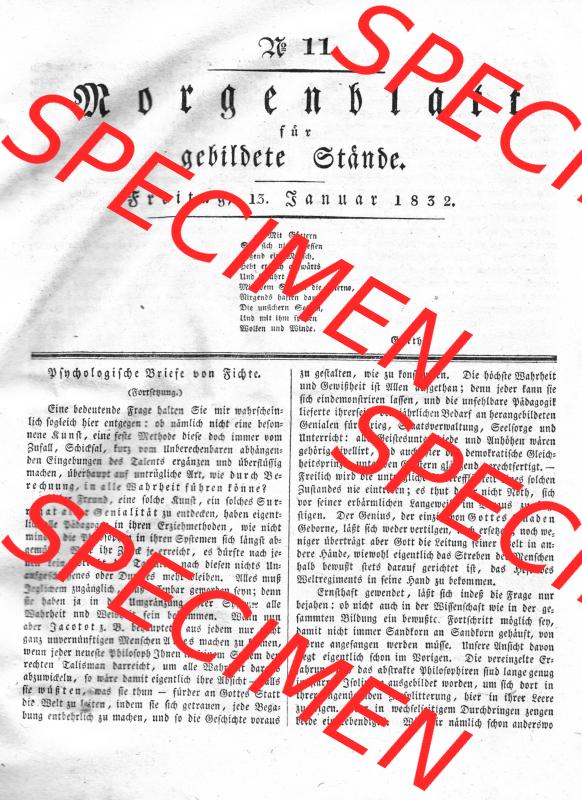Morgenblatt 1832, Freitag, 13 Januar, Nr. 11, Seite 41, Psychologische Briefe von Fichte. Das Digitale Bild / Foto der relativ wertvollen „Morgenblatt... Sammlung