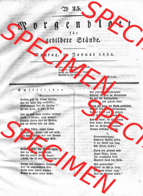 Morgenblatt 1832, Montag, 30. Januar, Nr. 25, Seite 97, Lied, Gedicht Strophen bzw. Ferse. Das Digitale Bild / Foto der relativ wertvollen... Sammlung