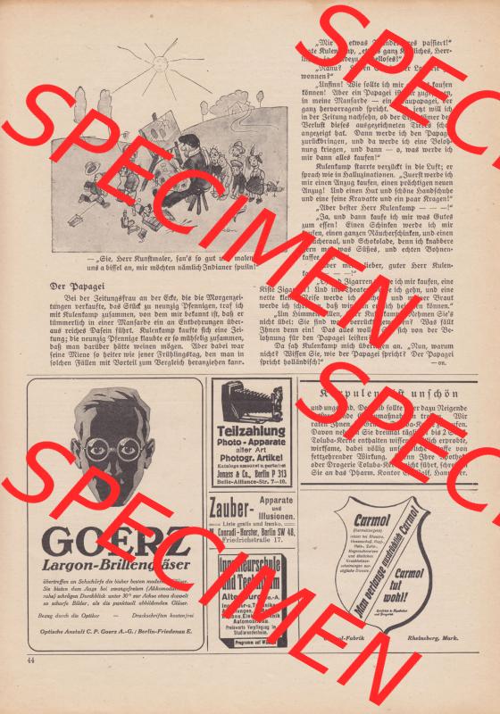 Meggendorfer-Blätter 1922, Nr. 1634, vom 20 April 1922, Seite 44, Goerz Largon-Brillengläser - Werbung, Artikel Der Papagei. Das Digitale Bild /... Sammlung