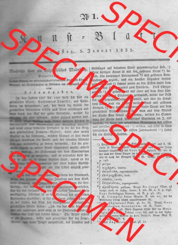 Morgenblatt 1832, 3 Januar, Nr. 1, Seite 1, Kunst-Blatt. Das Digitale Bild / Foto der relativ wertvollen „Morgenblatt für gebildete Stände“-Zeitschrift... Sammlung