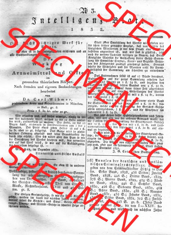 Morgenblatt 1832, Sonnabend 28 Januar, Nr. 5, Seite 9, Intelligenz-Blatt, Die Wirkung von Arzneimittel und Gifte. Das Digitale Bild / Foto der relativ wertvollen... Sammlung