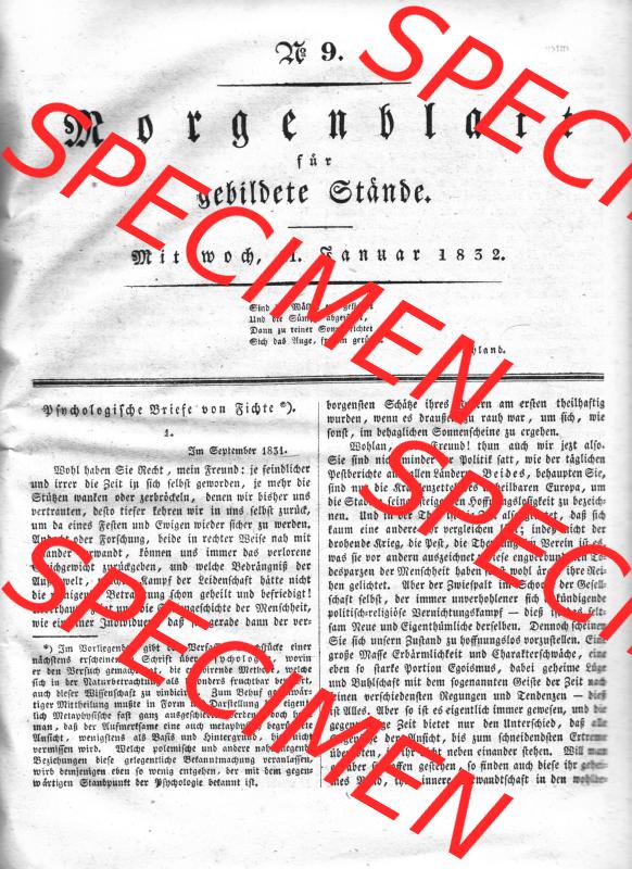 Morgenblatt 1832, Mittwoch, 11 Januar, Nr. 9, Seite 33, Psychologische Briefe von Fichte. Das Digitale Bild / Foto der relativ wertvollen „Morgenblatt... Sammlung