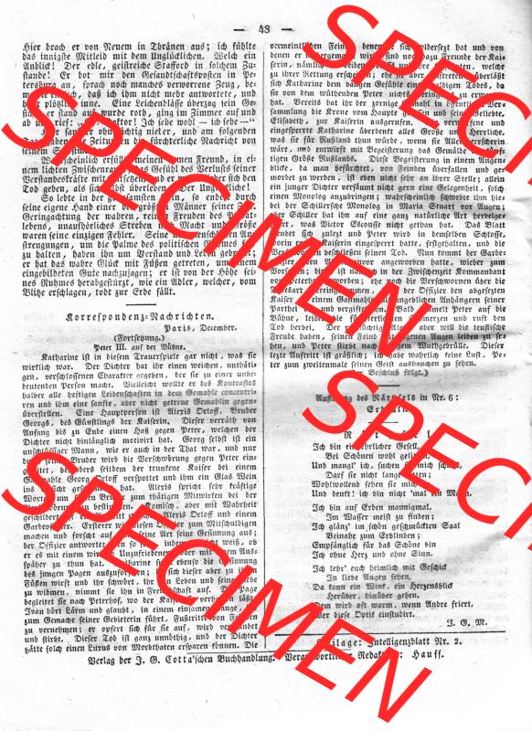 Morgenblatt 1832, Sonnabend, 14 Januar, Nr. 12, Seite 48, Korrespondenz Nachrichten. Das Digitale Bild / Foto der relativ wertvollen „Morgenblatt für... Sammlung
