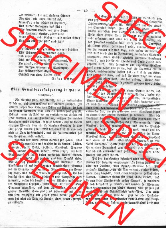 Morgenblatt 1832, 4 Januar, Nr. 3, Seite 10, Eine Gemäldeversteigerung in Paris. Das Digitale Bild / Foto der relativ wertvollen „Morgenblatt für... Sammlung