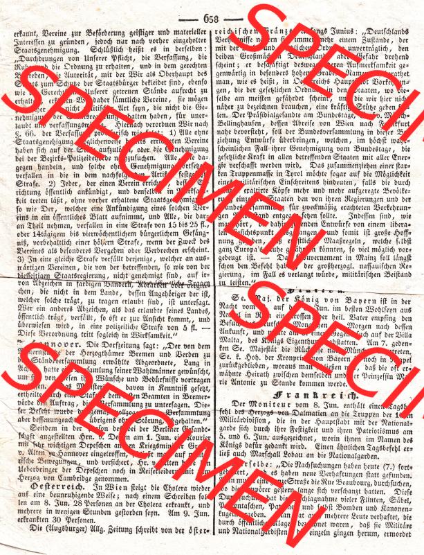 Augsburg 1832, 166, Donnerstag 14. Juni, Augsburger Abendzeitung Seite 658. Die Digitalen JPG-Bilder der digitalisierten Augsburger Zeitung können heruntergeladen werden. Sammlung