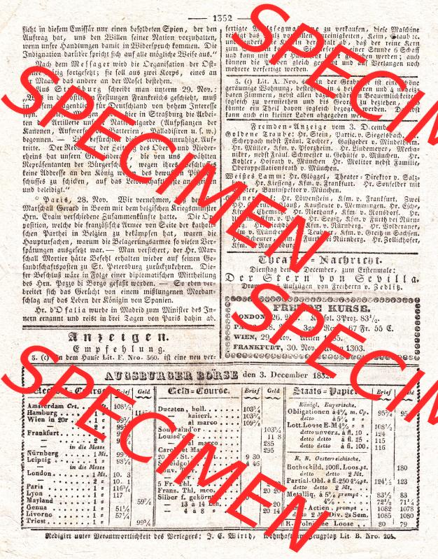 Augsburg 1832, 338, Montag 3. Dezember, Augsburger Abendzeitung Seite 1352. Die Digitalen JPG-Bilder der digitalisierten Augsburger Zeitung können heruntergeladen werden. Sammlung