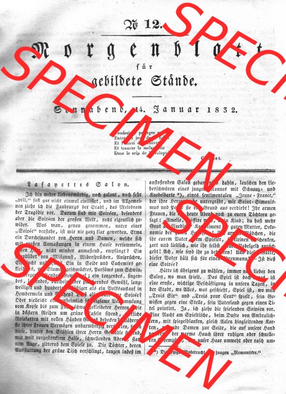 Morgenblatt 1832, Sonnabend, 14 Januar, Nr. 12, Seite 45, Lafayettes Salon. Das Digitale Bild / Foto der relativ wertvollen „Morgenblatt für gebildete... Sammlung