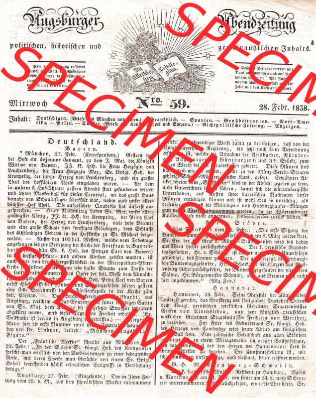 Augsburg 1838, Nr. 59, Mittwoch 28. Februar, Augsburger Abendzeitung Seite 233. Die Digitalen JPG-Bilder der digitalisierten Augsburger Zeitung 1838 können heruntergeladen... Sammlung