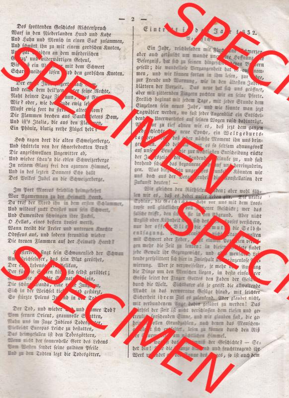 Morgenblatt 1832, 2 Januar, Nr 1, Seite 2, Eintritt in das Jahr 1832. Das Digitale Bild / Foto der relativ wertvollen „Morgenblatt für gebildete Stände“-Zeitschrift... Sammlung