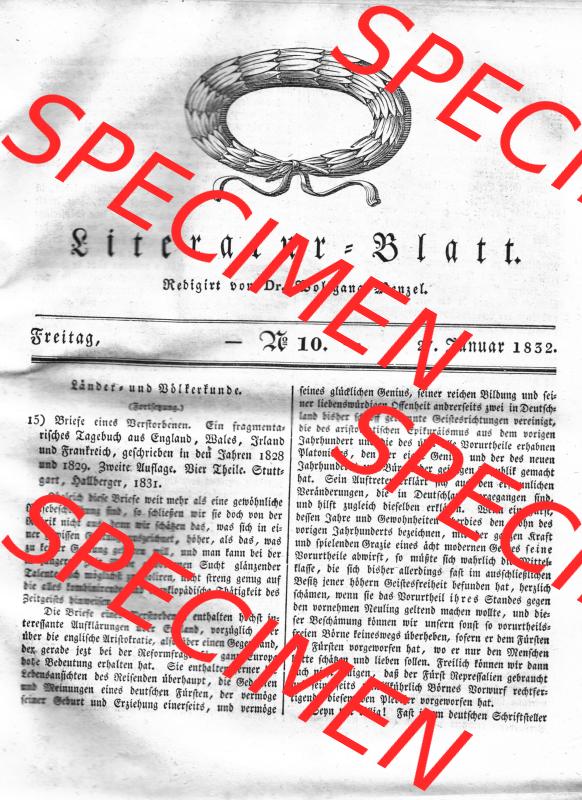 Morgenblatt 1832, Freitag 27 Januar, Nr. 10, Seite 37, Literatur-Blatt mit Länder und Völkerkunde. Das Digitale Bild / Foto der relativ wertvollen „Morgenblatt... Sammlung