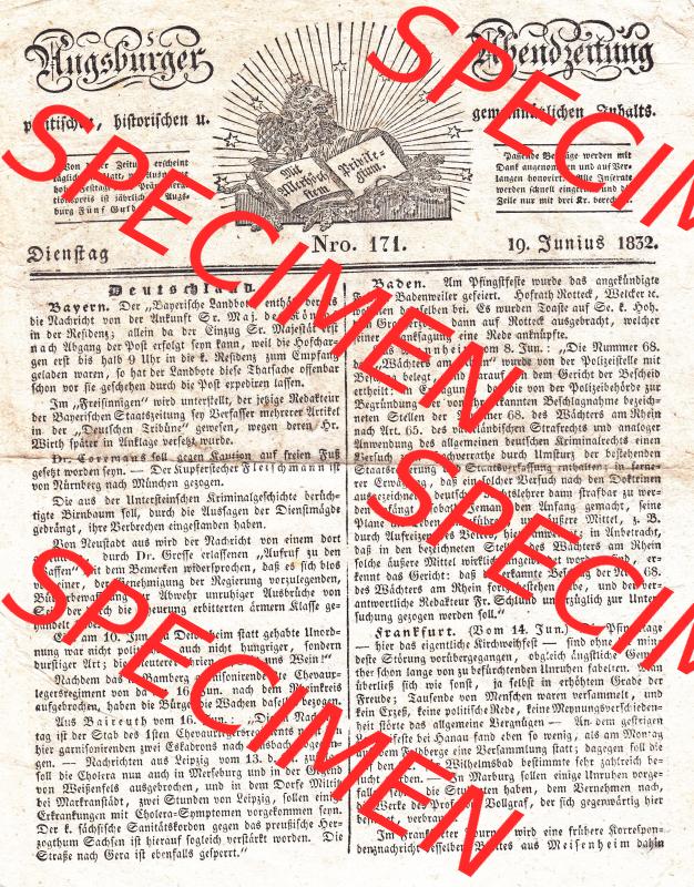 Augsburg 1832, 171, Dienstag 19. Juni, Augsburger Abendzeitung Seite 677. Die Digitalen JPG-Bilder der digitalisierten Augsburger Zeitung können heruntergeladen werden. Sammlung