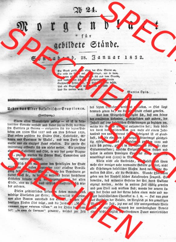 Morgenblatt 1832, Sonnabend, 28 Januar, Nr. 24, Seite 93, Über das Alter der basaltischer Eruptionen. Das Digitale Bild / Foto der relativ wertvollen... Sammlung