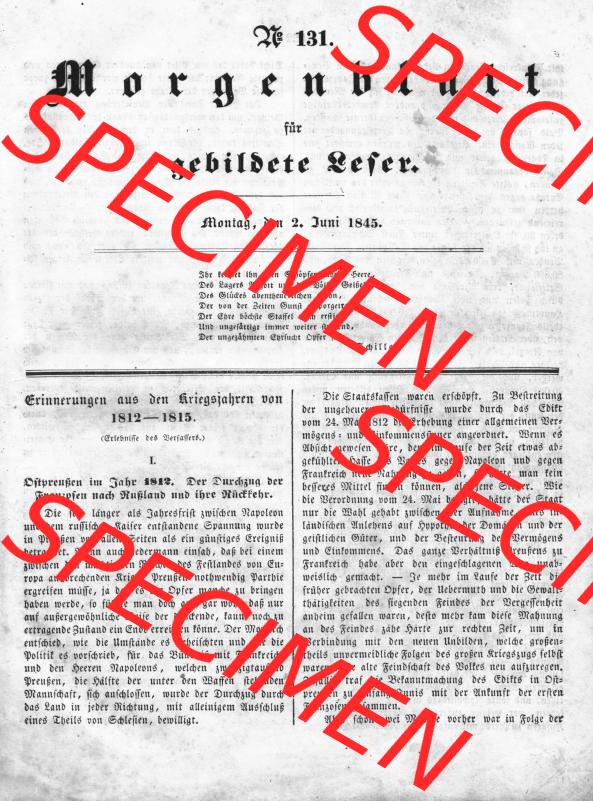 Morgenblatt für gebildete Leser 1845, Montag, 2. Juni, Nr. 131, Seite 521, Erinnerungen aus den Kriegsjahren 1812-1815. Das Digitale Bild / Foto... Sammlung