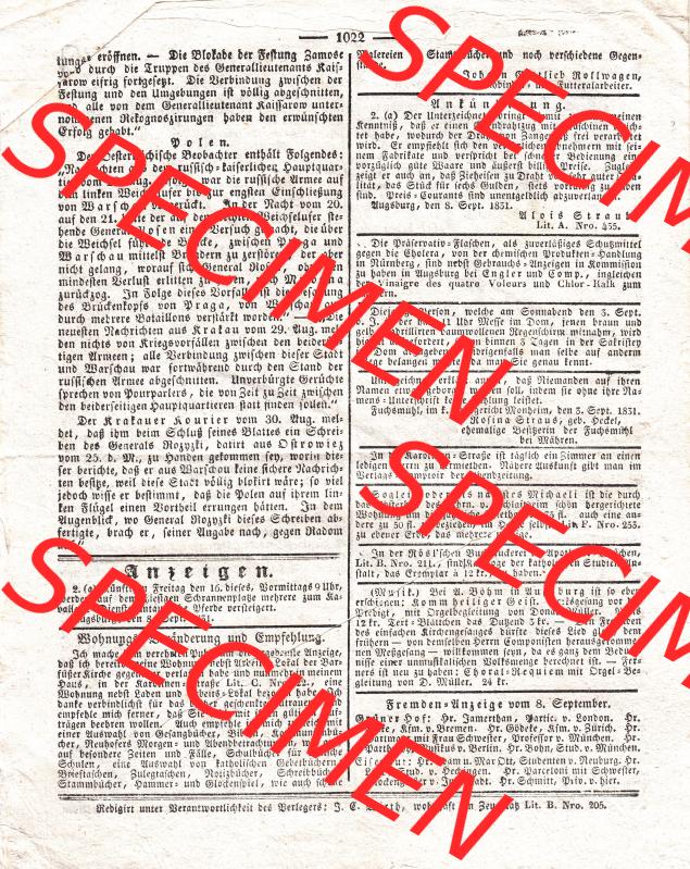 Augsburg 1831, 251, Donnerstag 8. September, Augsburger Abendzeitung Seite 1022 (1). Die Digitalen JPG-Bilder der digitalisierten Augsburger Zeitung aus dem Jahr... Sammlung