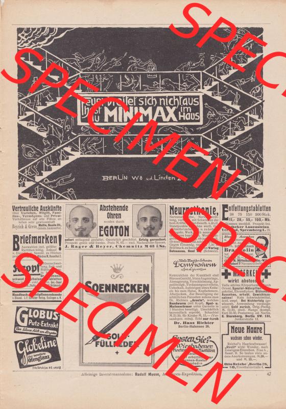 Meggendorfer-Blätter 1922, Nr. 1634, vom 20 April 1922, Seite 47, Feuer breitet sich nicht aus hast du MINIMAX im Haus. Das Digitale Bild / Foto der relativ... Sammlung