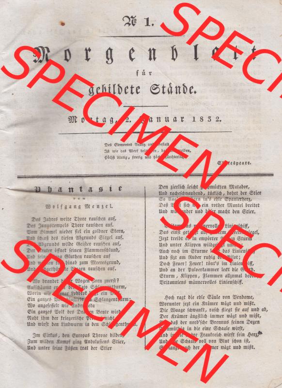 Morgenblatt 1832, 2 Januar, Nr 1, Seite 1, Titelblatt. Das Digitale Bild / Foto der relativ wertvollen „Morgenblatt für gebildete Stände“-Zeitschrift... Sammlung