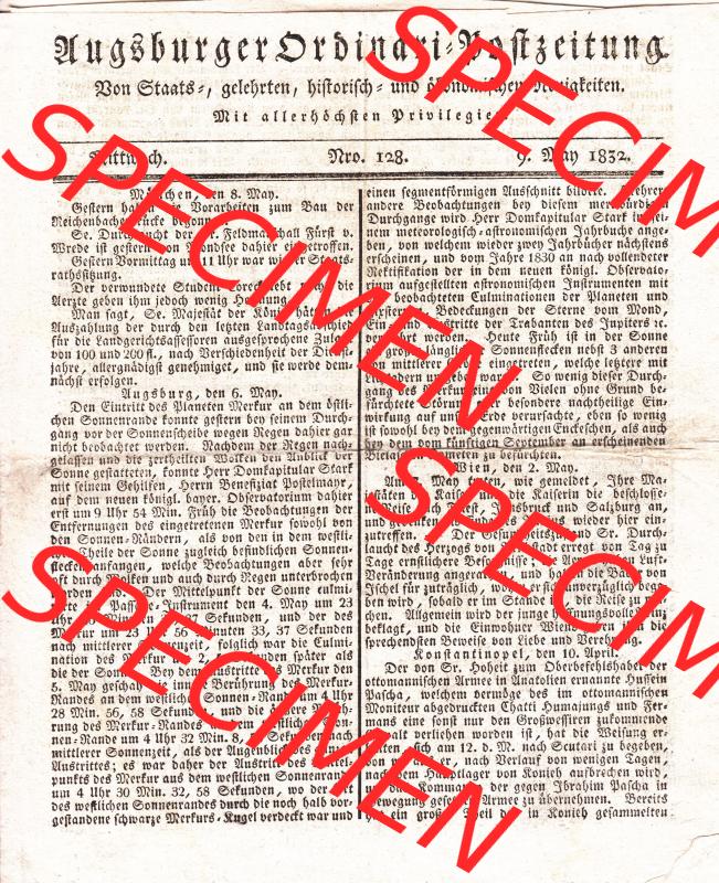 Augsburg 1832, 9. November 1832 Nro. 128. Augsburger Ordinari-Postzeitung. Die Digitalen JPG-Bilder der digitalisierten Augsburger Zeitung können heruntergeladen... Sammlung