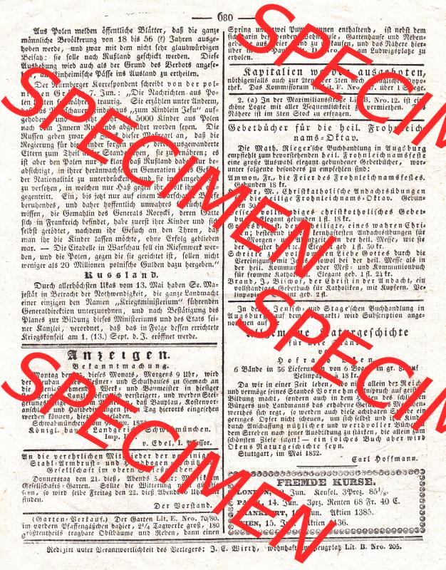 Augsburg 1832, 171, Dienstag 19. Juni, Augsburger Abendzeitung Seite 680. Die Digitalen JPG-Bilder der digitalisierten Augsburger Zeitung können heruntergeladen werden. Sammlung