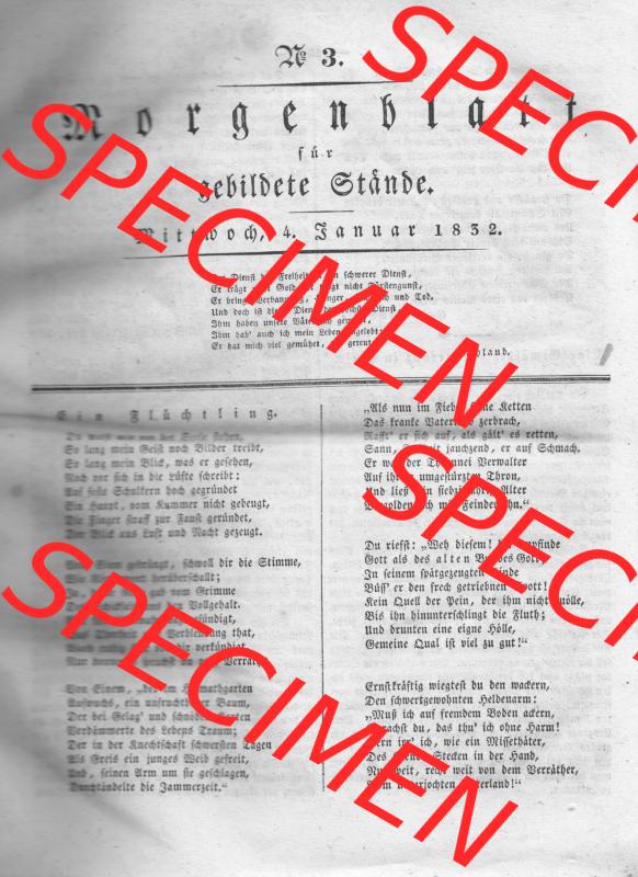 Morgenblatt 1832, 4 Januar, Nr. 3, Seite 9, Titelblatt. Das Digitale Bild / Foto der relativ wertvollen „Morgenblatt für gebildete Stände“-Zeitschrift... Sammlung