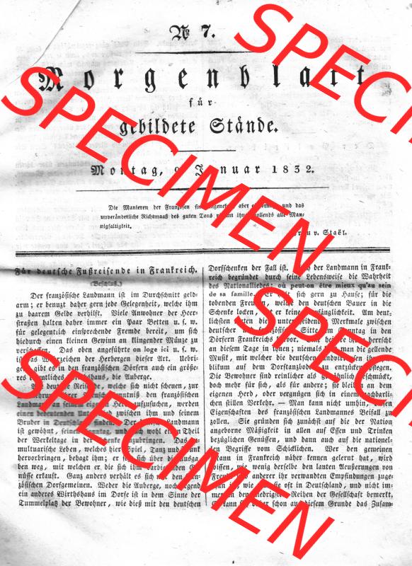 Morgenblatt 1832, Montag, 9 Januar, Nr. 7, Seite 25, Fortsetzung Für deutsche Fußreisende in Frankreich. Das Digitale Bild / Foto der relativ... Sammlung
