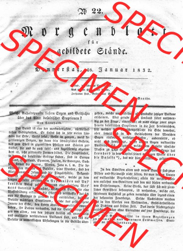 Morgenblatt 1832, Donnerstag, 26 Januar, Nr. 22, Seite 85, Welche Anhaltspunkte liefern Sagen und Geschichte. Das Digitale Bild / Foto der relativ wertvollen... Sammlung