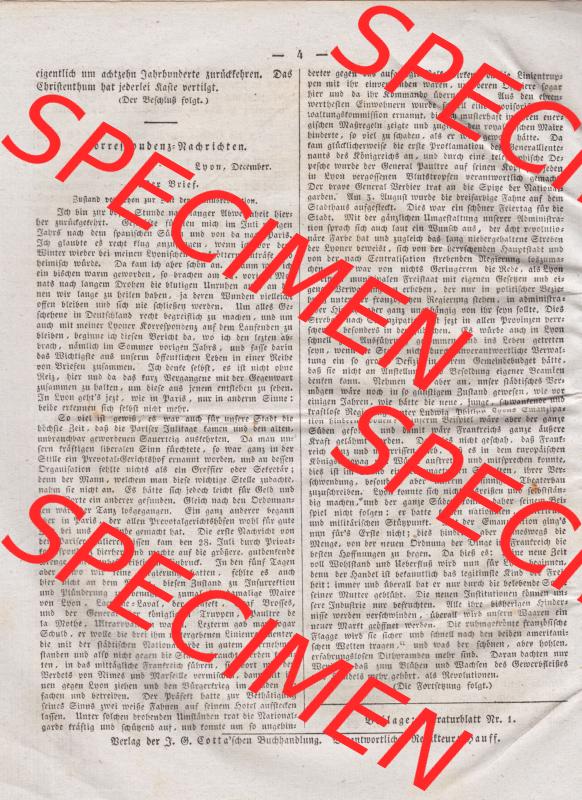 Morgenblatt 1832, 2 Januar, Nr 1, Seite 4, Korrespondenz Nachrichten. Das Digitale Bild / Foto der relativ wertvollen „Morgenblatt für gebildete Stände“-Zeitschrift... Sammlung