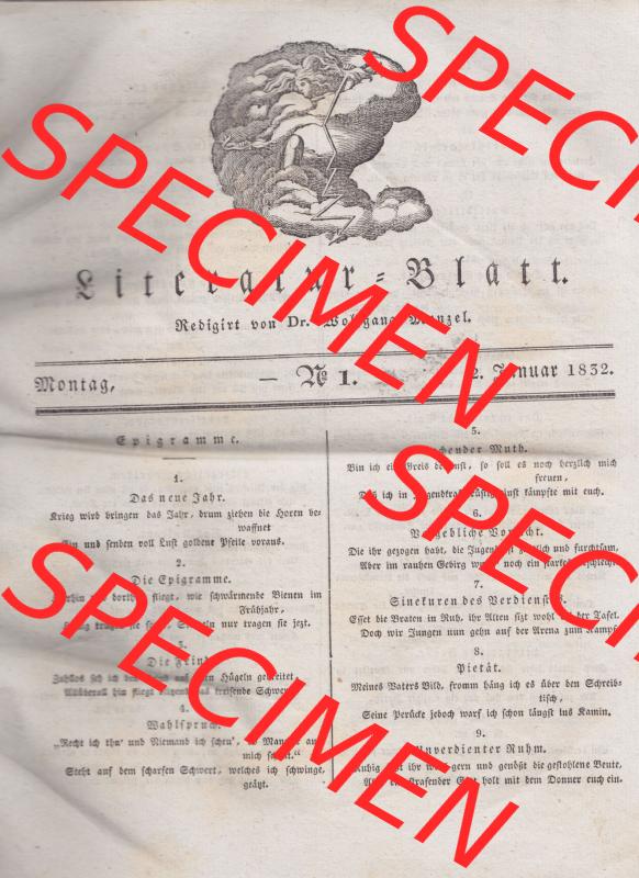 Morgenblatt 1832, 2 Januar, Nr 1, Seite 1, Literatur-Blatt. Das Digitale Bild / Foto der relativ wertvollen „Morgenblatt für gebildete Stände“-Zeitschrift... Sammlung