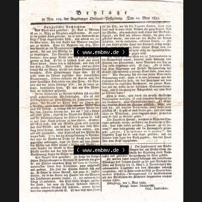 Augsburg 1832, 10. Nov. 1832 Nro. 129. Beilage Augsburger Ordinari-Postzeitung. Die Digitalen JPG-Bilder der digitalisierten Augsburger Zeitung können heruntergeladen... Sammlung