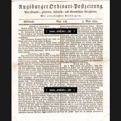 Augsburg 1832, 9. November 1832 Nro. 128. Augsburger Ordinari-Postzeitung. Die Digitalen JPG-Bilder der digitalisierten Augsburger Zeitung können heruntergeladen... Sammlung
