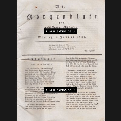 Morgenblatt 1832, 2 Januar, Nr 1, Seite 1, Titelblatt. Das Digitale Bild / Foto der relativ wertvollen „Morgenblatt für gebildete Stände“-Zeitschrift... Sammlung