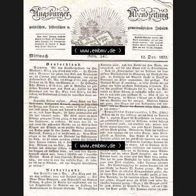 Augsburg 1832, 347, Mittwoch 12. Dezember, Augsburger Abendzeitung Seite 1385. Die Digitalen JPG-Bilder der digitalisierten Augsburger Zeitung können heruntergeladen... Sammlung