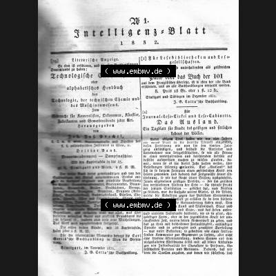 Morgenblatt 1832, 7 Januar, Nr. 1, Seite 1, Intelligenz-Blatt, Technologische Encyklopädie. Das Digitale Bild / Foto der relativ wertvollen „Morgenblatt... Sammlung