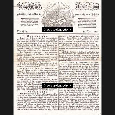 Augsburg 1832, Nro / Nr 346, Dienstag 11 Dezember, Augsburger Abendzeitung Seite 1381 (1). Die Digitalen JPG-Bilder der digitalisierten Augsburger Zeitung aus dem... Sammlung