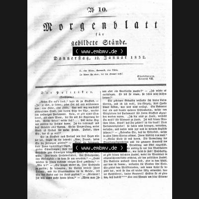Morgenblatt 1832, Donnerstag, 12 Januar, Nr. 10, Seite 37, Der Politiker (Fortsetzung). Das Digitale Bild / Foto der relativ wertvollen „Morgenblatt... Sammlung
