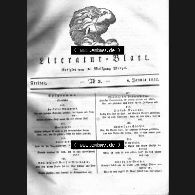 Morgenblatt 1832, 6 Januar, Nr. 3, Seite 9, Literatur-Blatt, Epigramme. Das Digitale Bild / Foto der relativ wertvollen „Morgenblatt für gebildete... Sammlung