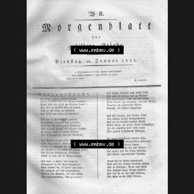 Morgenblatt 1832, Dienstag, 10 Januar, Nr. 8, Seite 29, Neujahresnacht. Das Digitale Bild / Foto der relativ wertvollen „Morgenblatt für gebildete... Sammlung