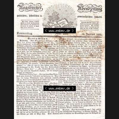 Augsburg 1832, 166, Donnerstag 14. Juni, Augsburger Abendzeitung Seite 657. Die Digitalen JPG-Bilder der digitalisierten Augsburger Zeitung können heruntergeladen werden. Sammlung