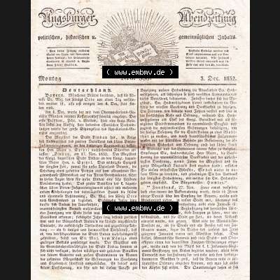 Augsburg 1832, 338, Montag 3. Dezember, Augsburger Abendzeitung Seite 1349. Die Digitalen JPG-Bilder der digitalisierten Augsburger Zeitung können heruntergeladen werden. Sammlung